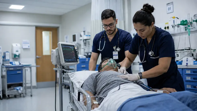 Equipe de enfermagem atendendo paciente em sala de emergência hospitalar