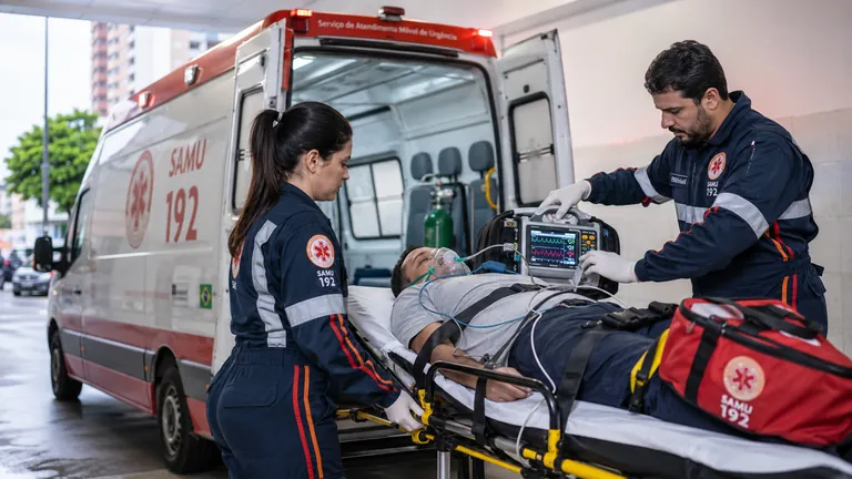 Profissionais do SAMU transportando paciente de ambulância para atendimento